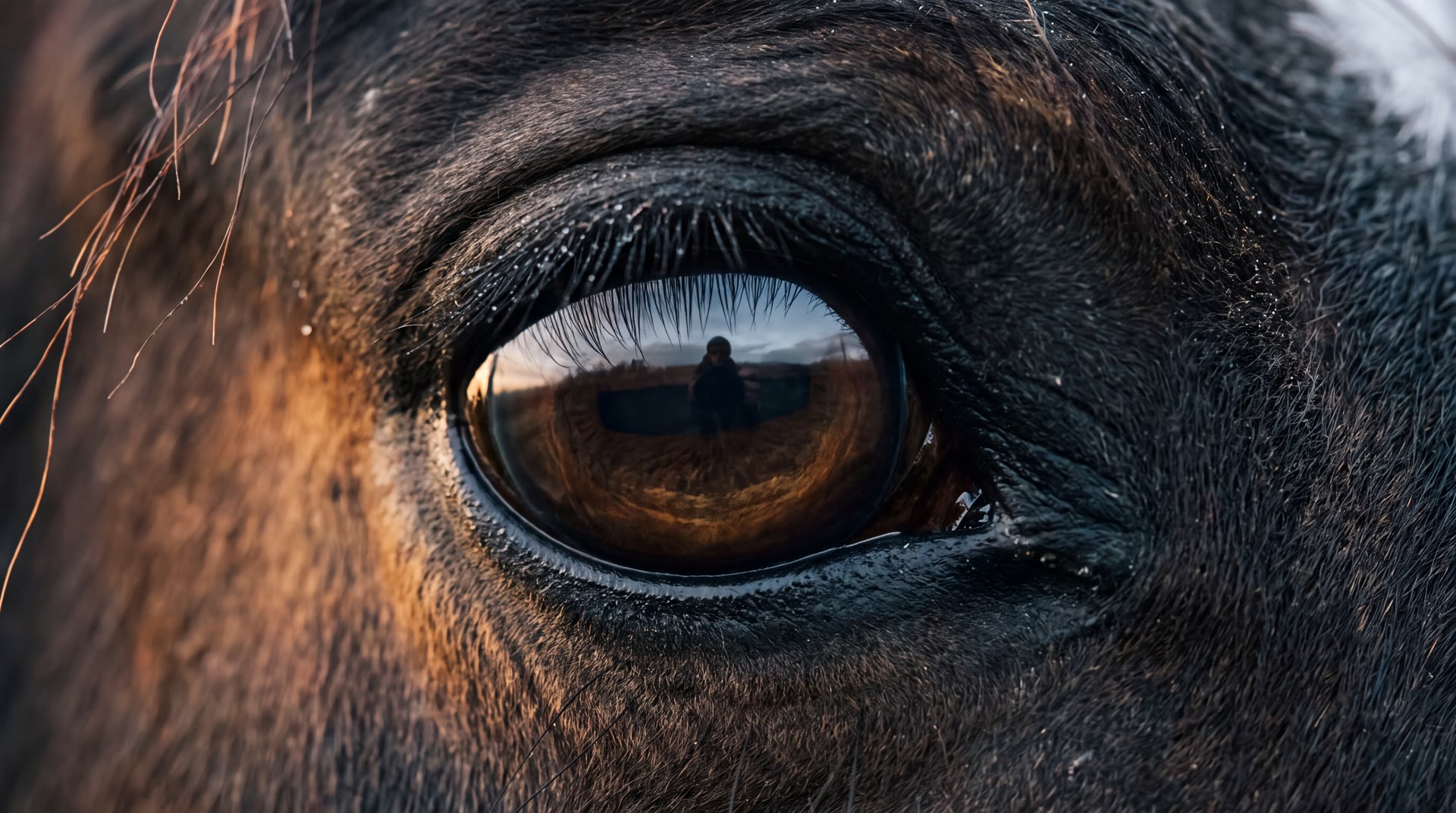 Gros plan sur l’œil sombre et humide d’un cheval.