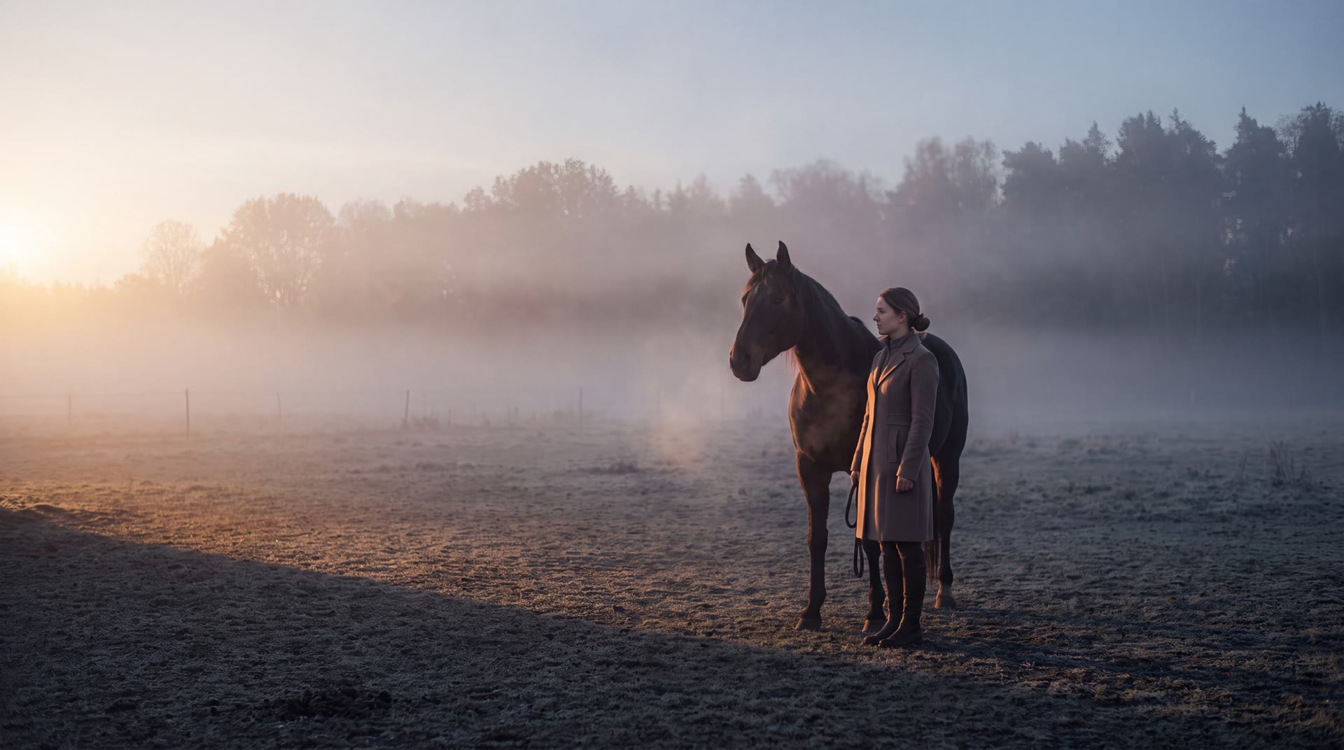 Une personne et un cheval, au loin, dans un paddock baigné de brume.